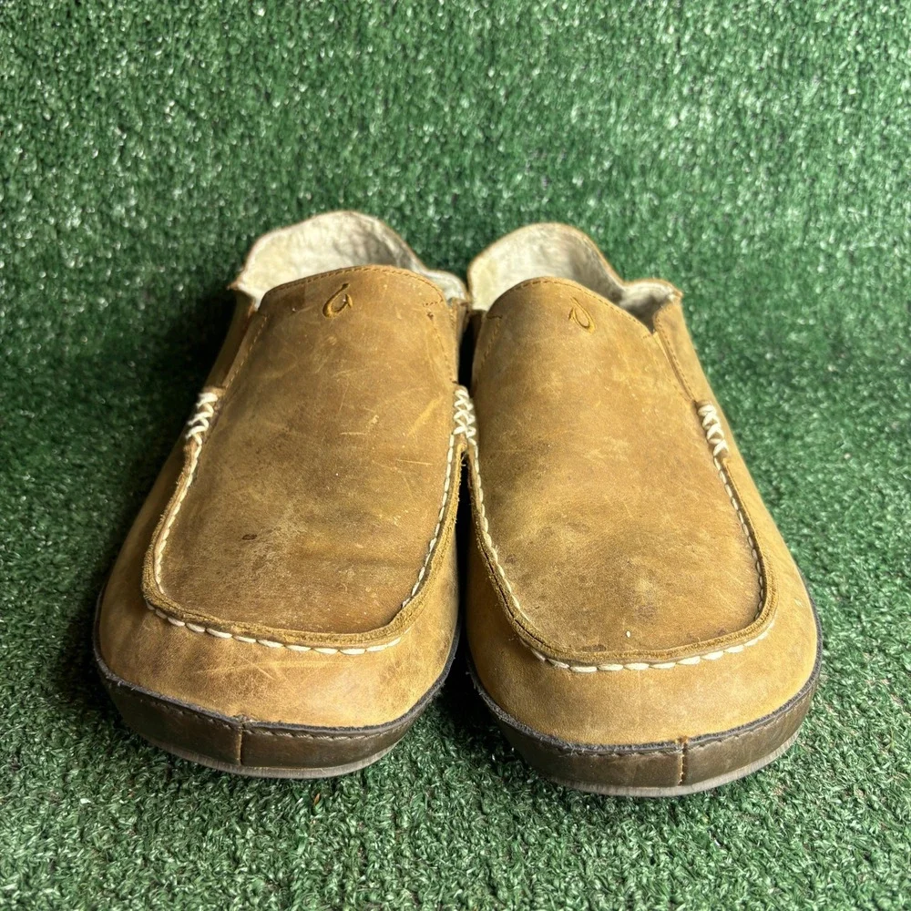 OluKai Moloa Wool Shearling Leather Slipper Drop-In Heel Casual Tan Mens Size 12